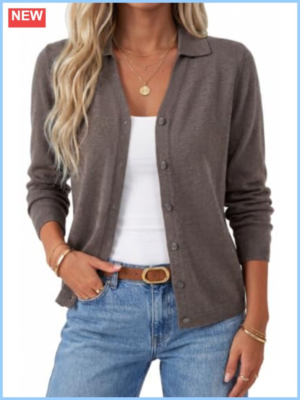 Wool Blend Collared V-Neck Button Cardigan Business Casual